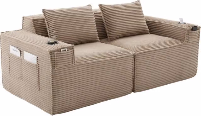 Divano modulare 2 posti 188x90x75 cm in velluto a coste con portabevande; kaki