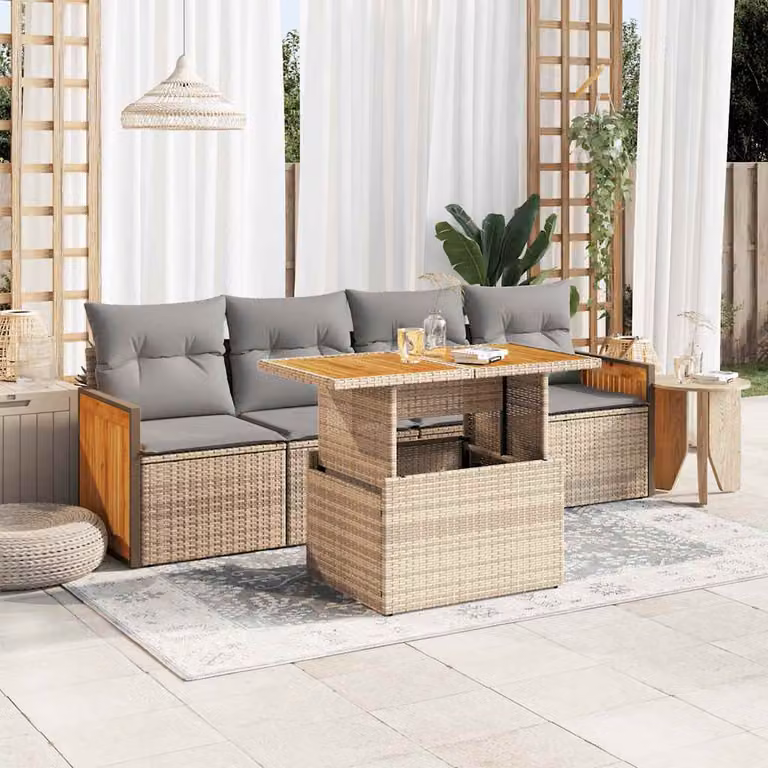 Set Divano da Giardino vidaXL 5 Pezzi in Polyrattan con Cuscini Beige e Telaio in Legno di Acacia