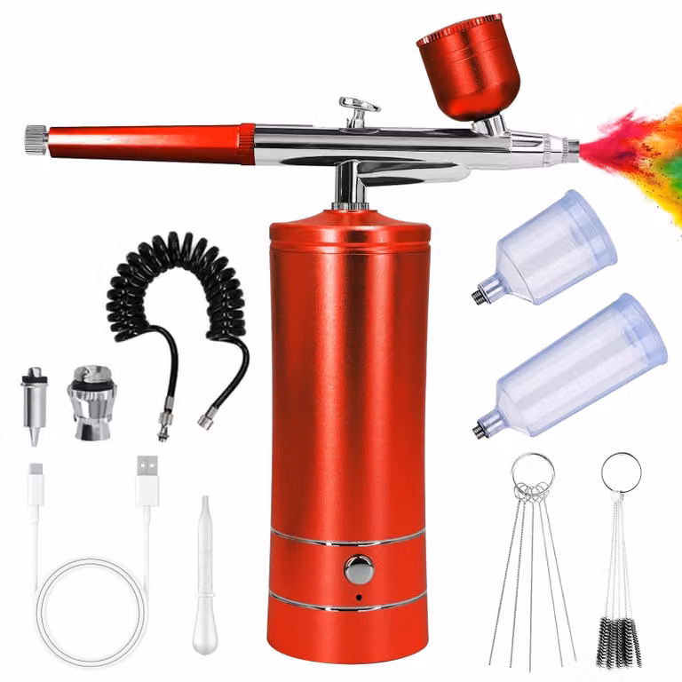 Kit airbrush con compressore, portatile, ricaricabile, ugello da 0,3 mm, colore rosso