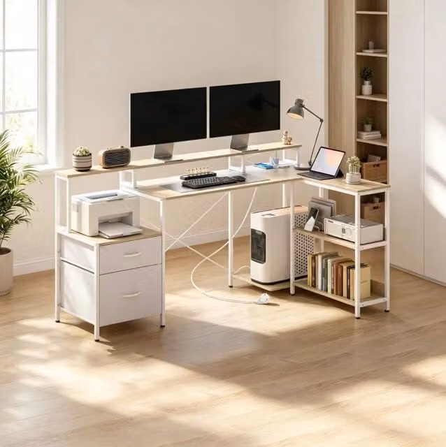 Scrivania angolare 172x100x89 cm bianca in truciolare con LED salvaspazio -