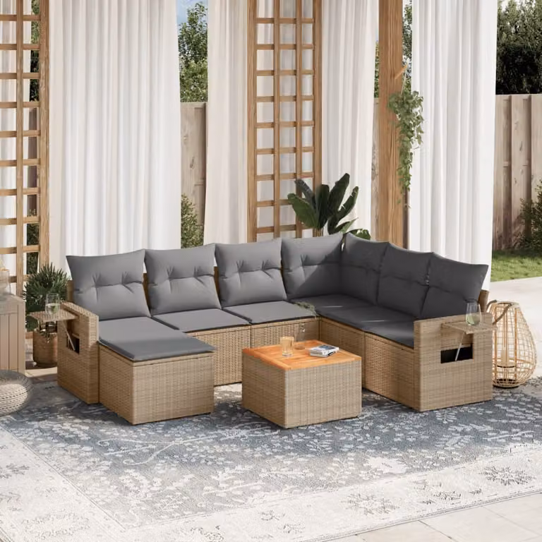 vidaXL Set Divano da Giardino 8 pz in Polyrattan con Cuscini Beige e Tavolino da Esterno
