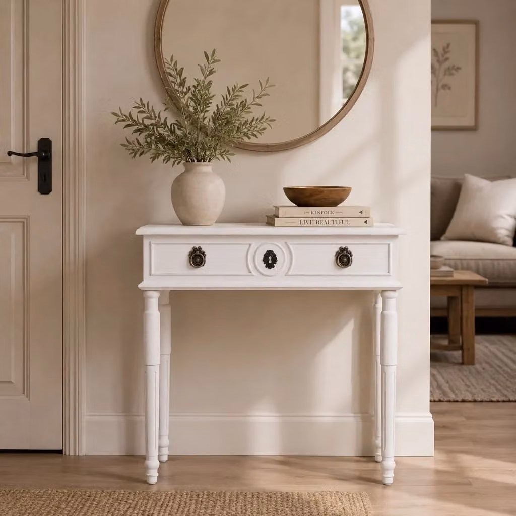 Tavolino da ingresso WANDERLUST DECO in legno bianco, L: 71 cm, P: 36,5 cm, H: 74 cm – 2