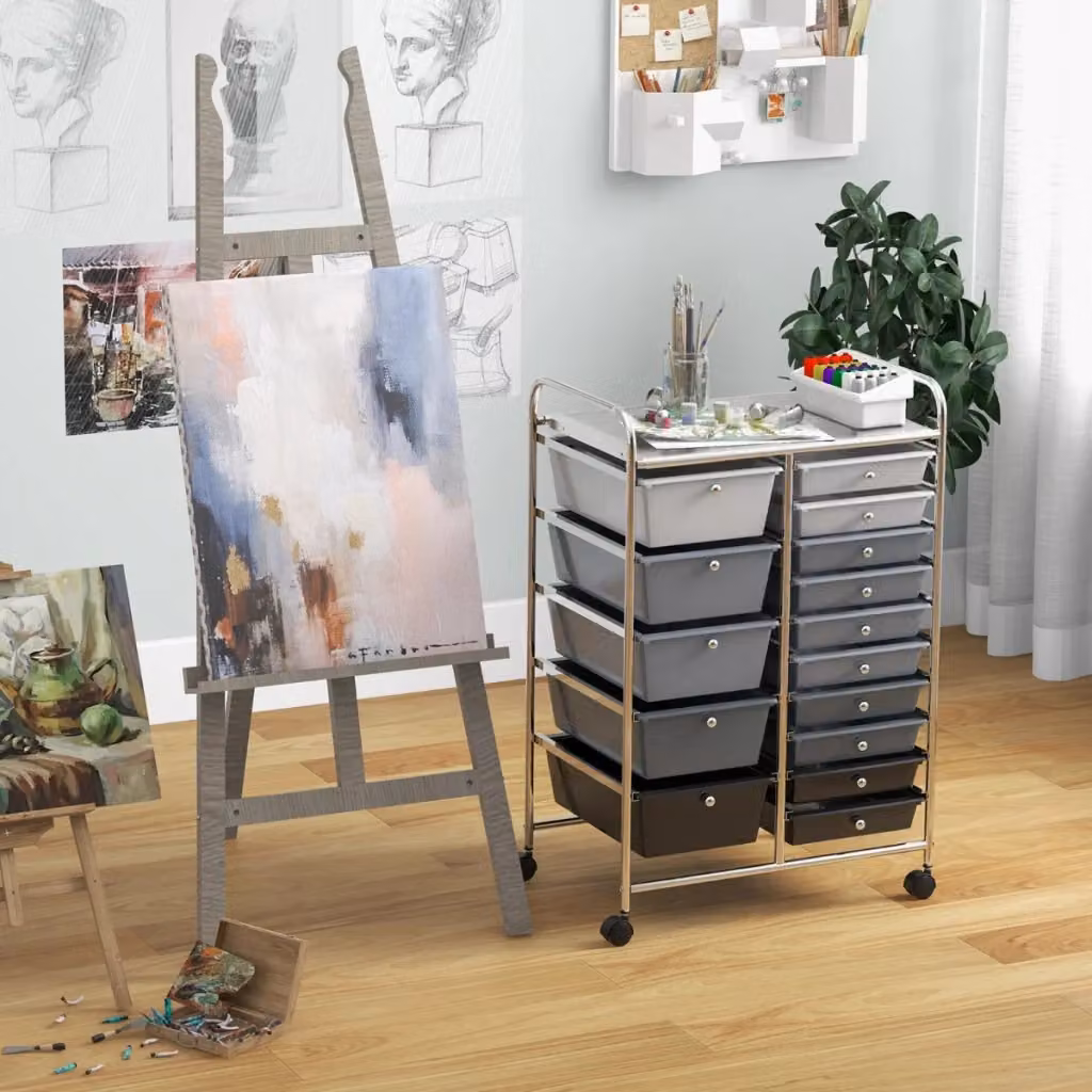 Carrello multiuso DESIGN IN con 15 cassetti estraibili e ruote con freno, Argento – 2