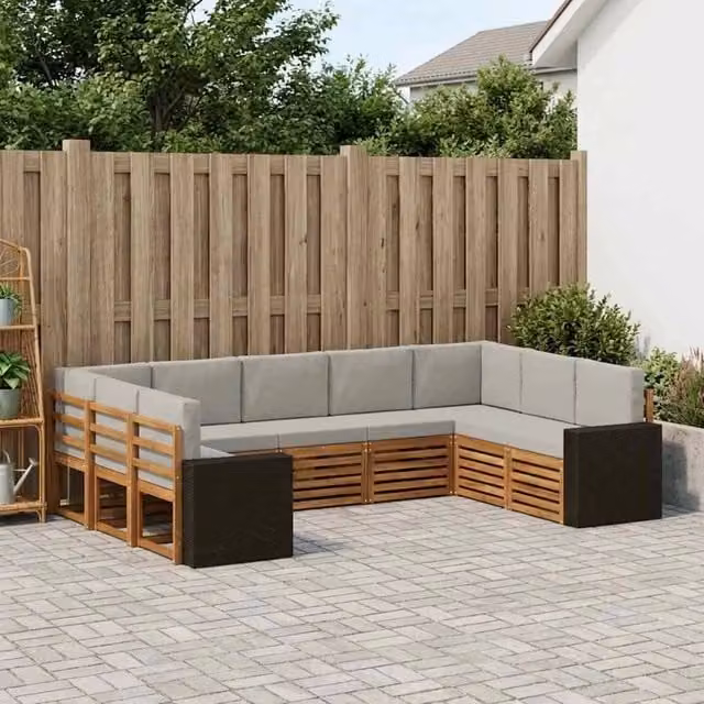 Set di divani da esterno a L vidaXL in legno di acacia con cuscini beige e grigi, 9 pezzi