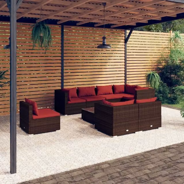 Set di Divani da Giardino 9 Pezzi vidaXL con Cuscini e Tavolino, Design Moderno a L in Polyrattan Marrone e Rosso – 1