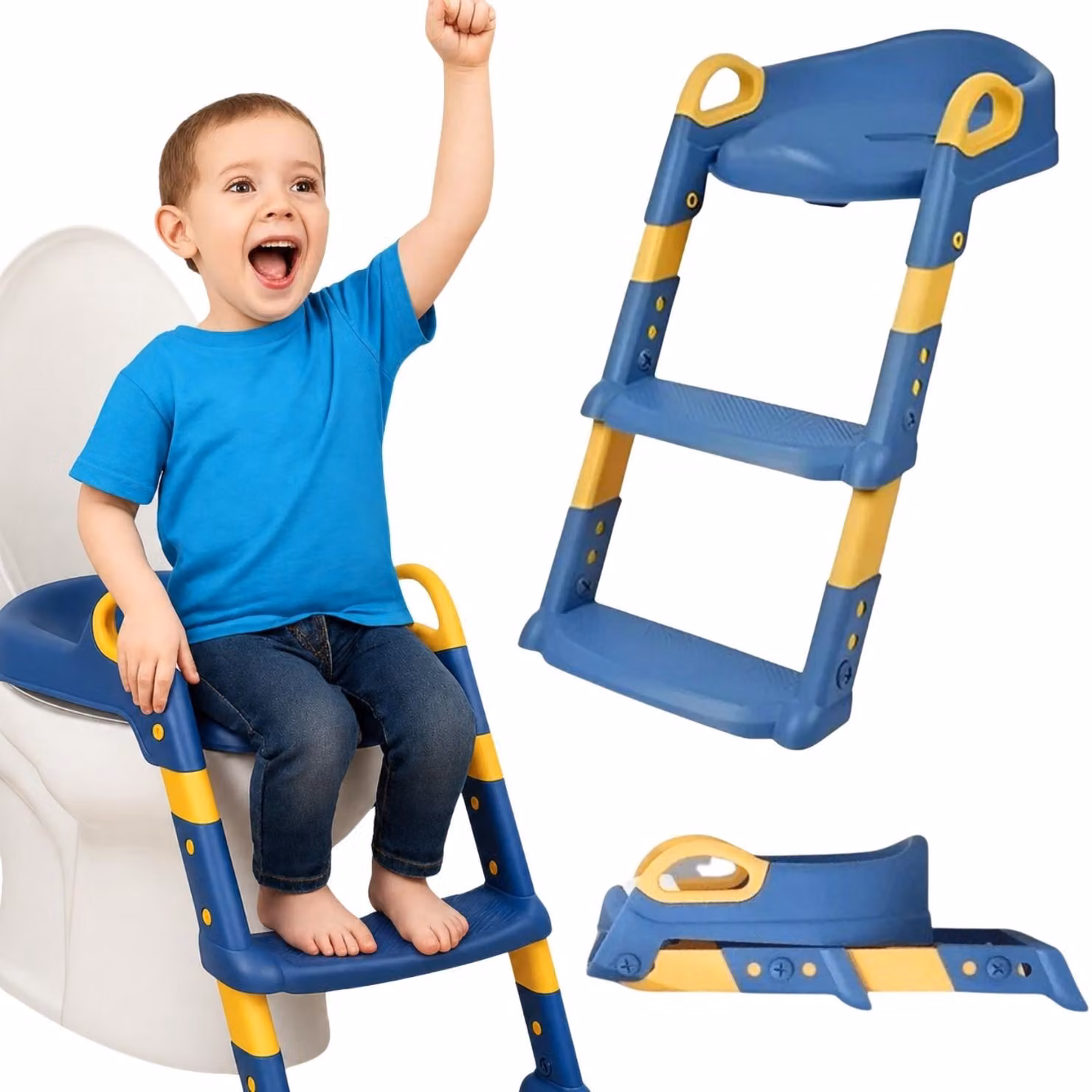 Adattatore WC bambini blu con gradini struttura pieghevole elementi antiscivolo seduta ergonomica confortevole