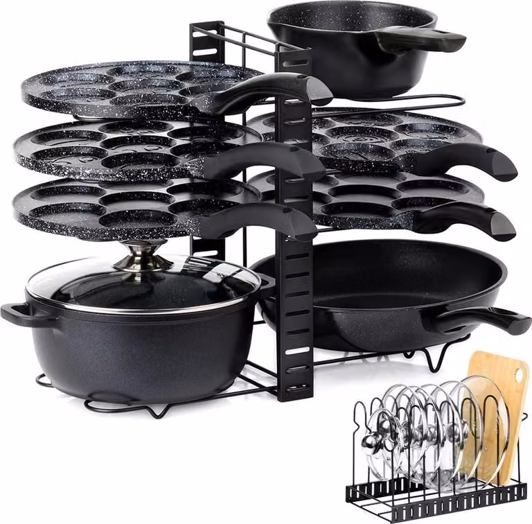 Organizzatore di scaffali da cucina per pentole, padelle, coperchi e piatti
