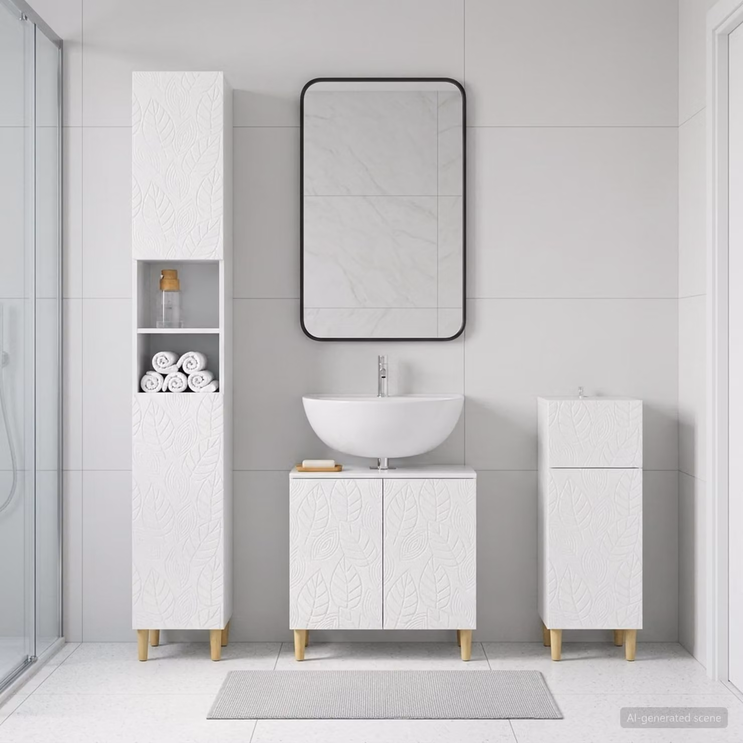 Set di armadietti da bagno moderni vidaXL DELFT in 3 pezzi, Bianco Lucido, L/P/H: 47.8 x 30.0 x 190.0 cm, 31.0 x 30.0 x 76.7 cm e 31.0 x 30.0 x 47.8 cm