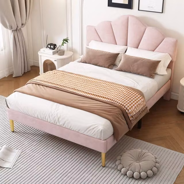 Letto matrimoniale imbottito 140 × 190 cm con testiera regolabile, senza materasso, velluto rosa e piedi dorati