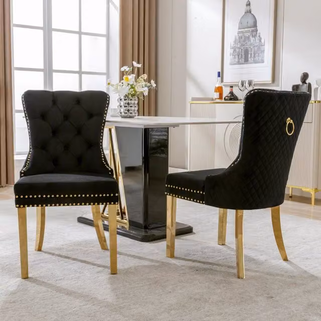 Sedia da pranzo Zephmum con rivestimento in velluto nero e gambe in acciaio inossidabile dorato – 1
