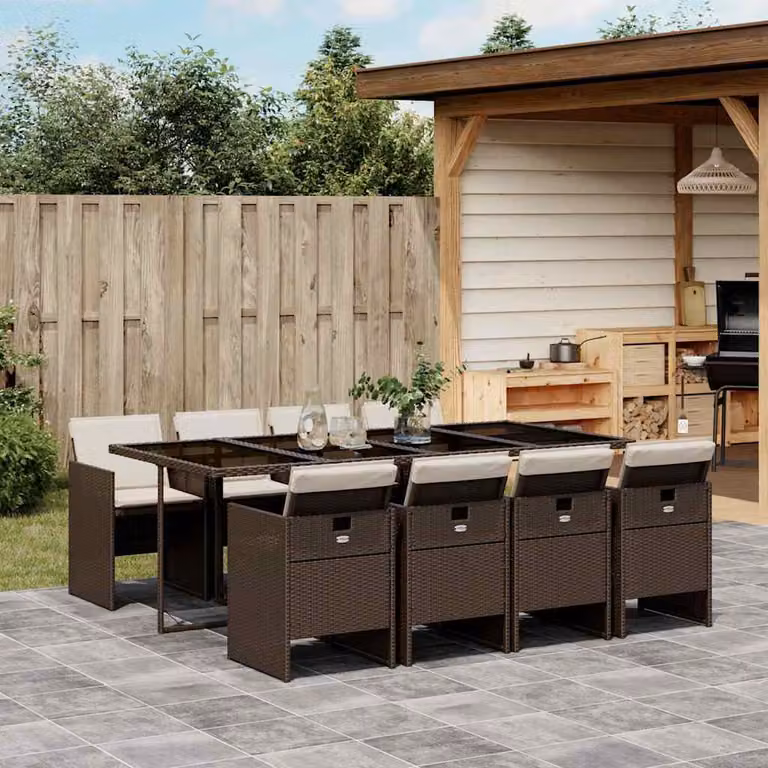 Set da Pranzo da Giardino vidaXL in Polyrattan Marrone e Bianco con Cuscini e Tavolo in Vetro, 9 Pezzi