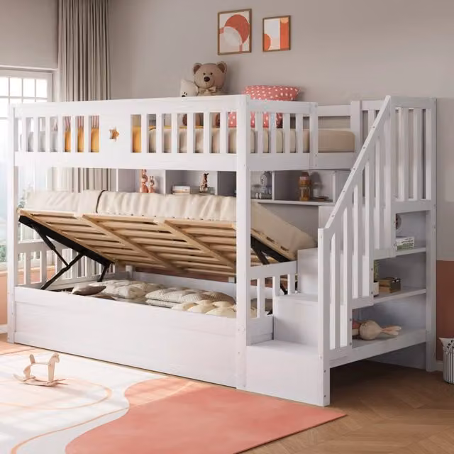 Letto a castello ULEVR 90x200 cm con letto inferiore idraulico, scala contenitore e ripiani, bianco