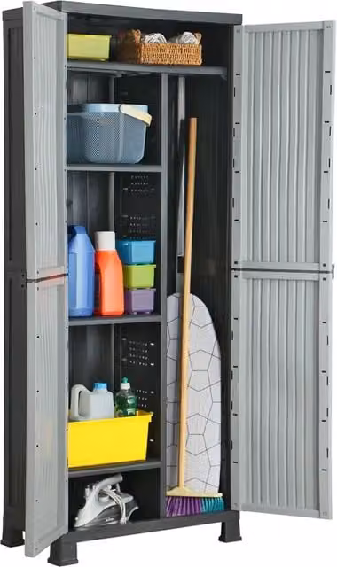 Armadietto a muro vidaXL in plastica grigio opaco con ante a battente e ripiani interni, L: 68 cm, P: 39 cm, H: 171,5 cm – 1