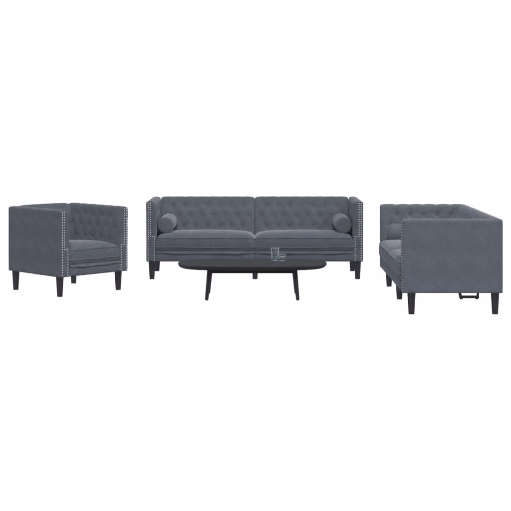 Set di Divani Chesterfield vidaXL in Velluto Grigio con Cuscini, Composto da un Divano a 3 Posti e un Divano a 2 Posti – 1