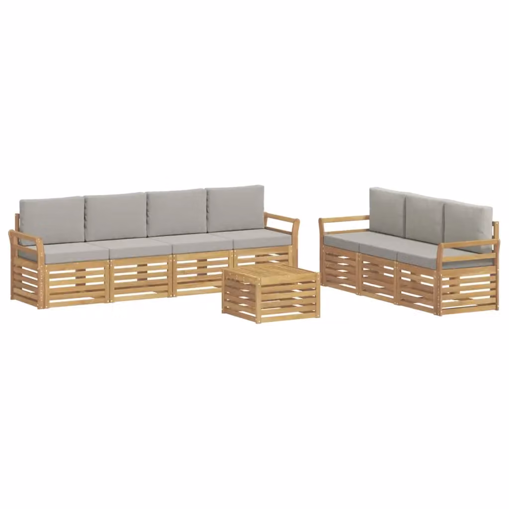 Set da giardino moderno vidaXL composto da divano a 3 posti, poltrone e tavolino da caffè in legno di acacia con cuscini in tessuto bianco e grigio – 2