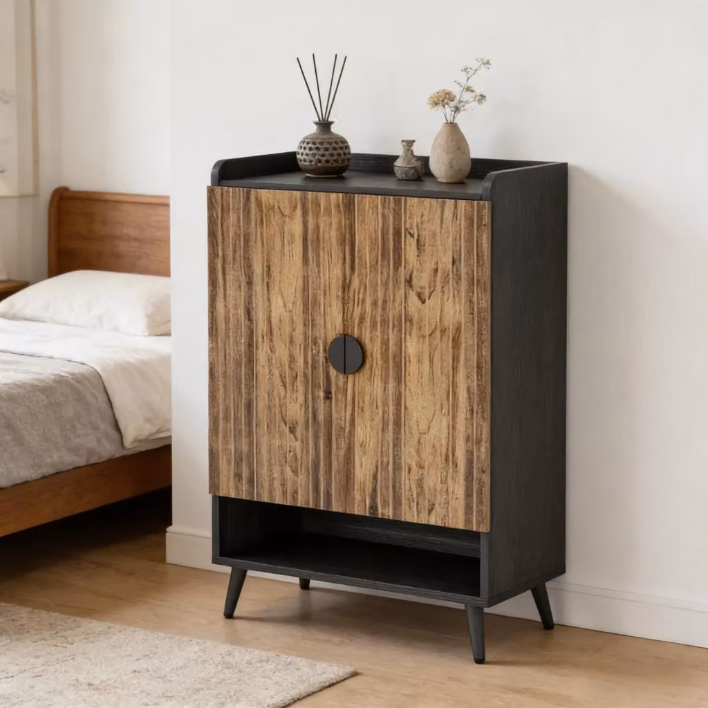 Mobile portascarpe WISHDOR in stile industriale con ante battenti, design in metallo e legno, nero/marrone – 2