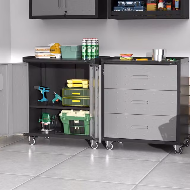 Cassettiera portautensili WISHDOR in metallo con 3 cassetti, ruote e serratura, nero/grigio, L: 75 cm, P: 42 cm, H: 88 cm