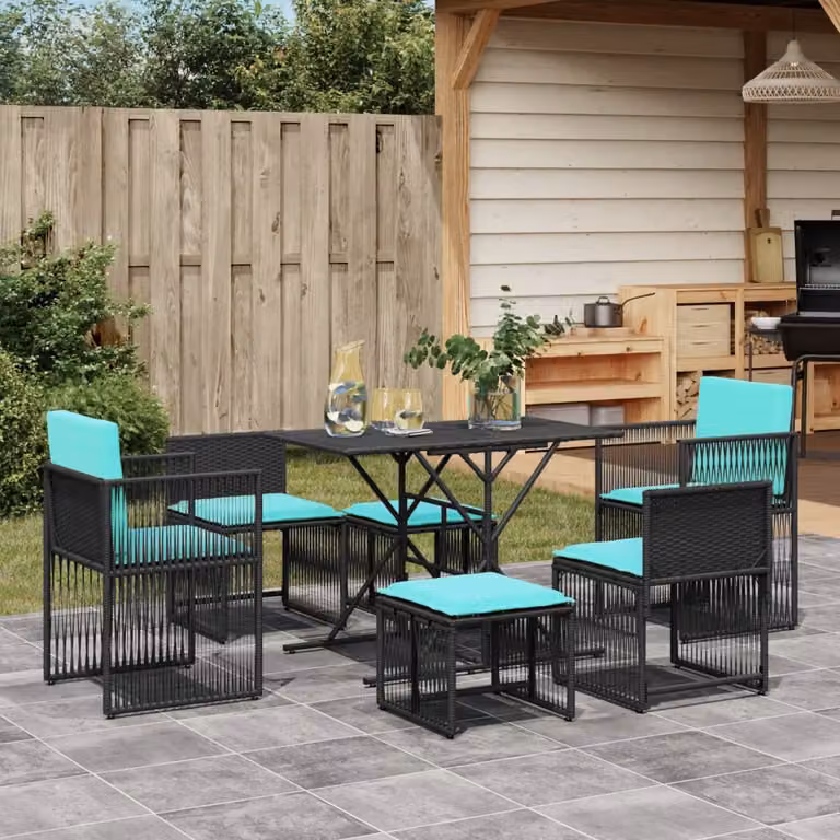 Set da pranzo da giardino vidaXL in polyrattan nero con 7 pezzi e cuscini blu