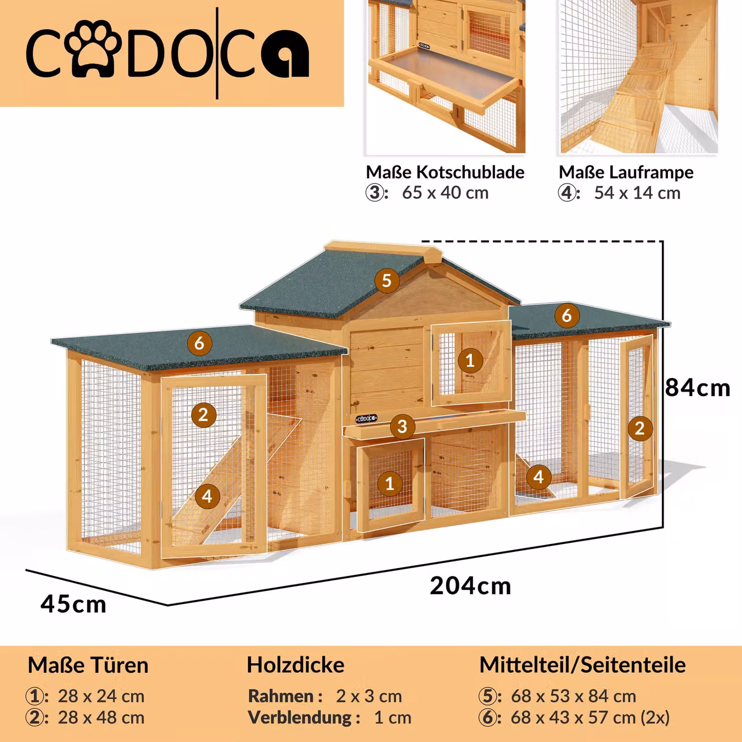 Cuccia per conigli a 2 piani Cadoca in legno marrone L: 204 cm, P: 45 cm, H: 84 cm – 3
