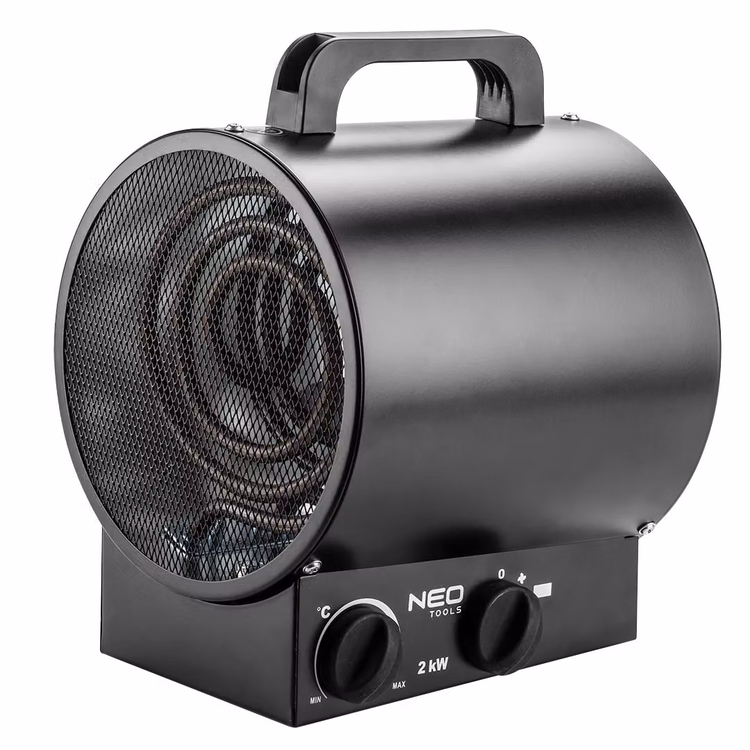 NEO TOOLS Riscaldatore elettrico industriale da 2 kW, elemento riscaldante in acciaio inox, termostato regolabile, protezione contro il surriscaldamento, con ventola, impugnatura isolata, portata d'aria 253 m3/h