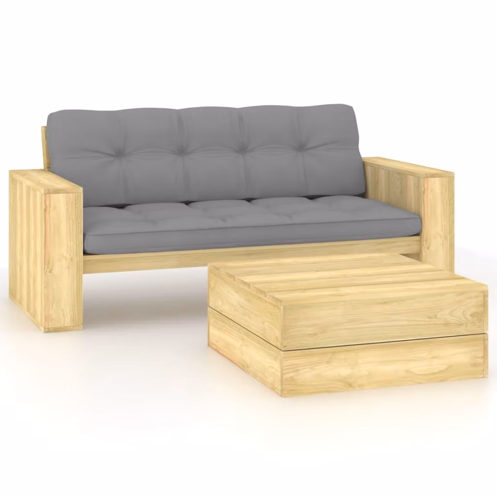 set di 2 pezzi da giardino con cuscini in legno di pino impregnato