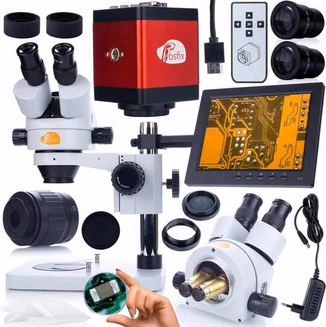 Set Microscopio Completo Rosfix Mercury Pro con Telecamera e Display 8 pollici, Testa Trinoculare, Zoom 7x-45x e Sistema Simul-Focal, Colore Bianco