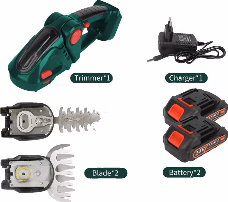 Tagliasiepi elettrico, doppia funzione, funzionamento a batteria, 2 batterie verdi