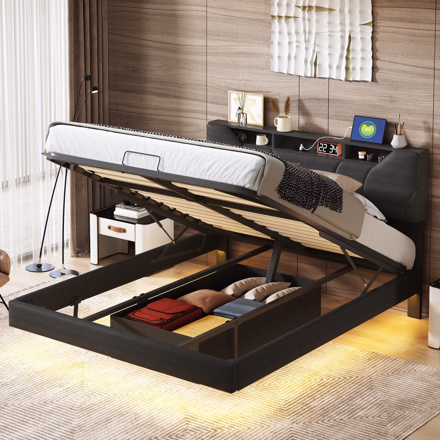 Letto imbottito Fortuna Lai 160x200 cm, letto galleggiante con LED, USB e Type-C, contenitore e testata regolabile in altezza, nero
