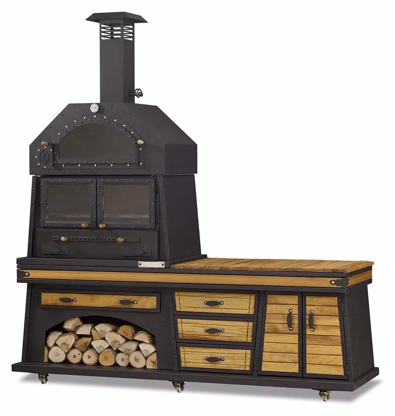 Elegante Außenküche aus Holz und Edelstahl in Schwarz
