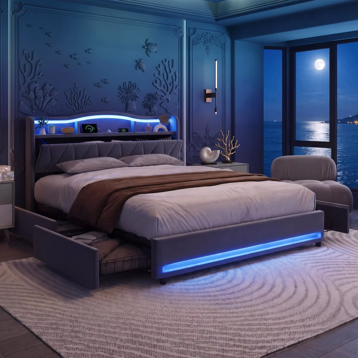 Letto contenitore INONEFT, 140x200 cm, letto con spazio contenitore, 4 cassetti, letto imbottito con LED e USB, struttura letto matrimoniale con rete a doghe, letto per ragazzi, in velluto