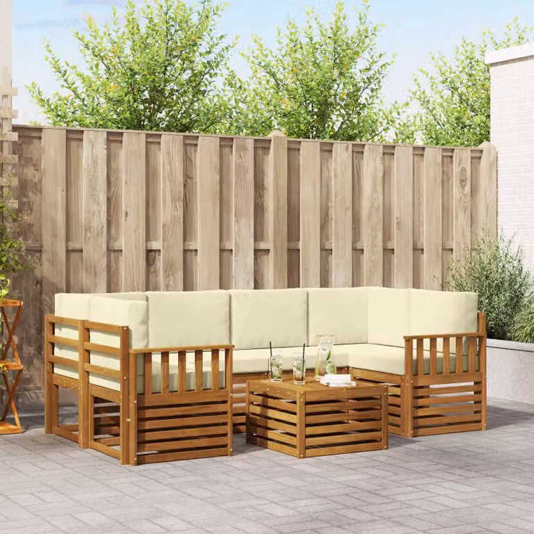 Set di divani da esterno vidaXL a forma di L in legno di acacia con tavolo da caffè e cuscini, Beige e Bianco