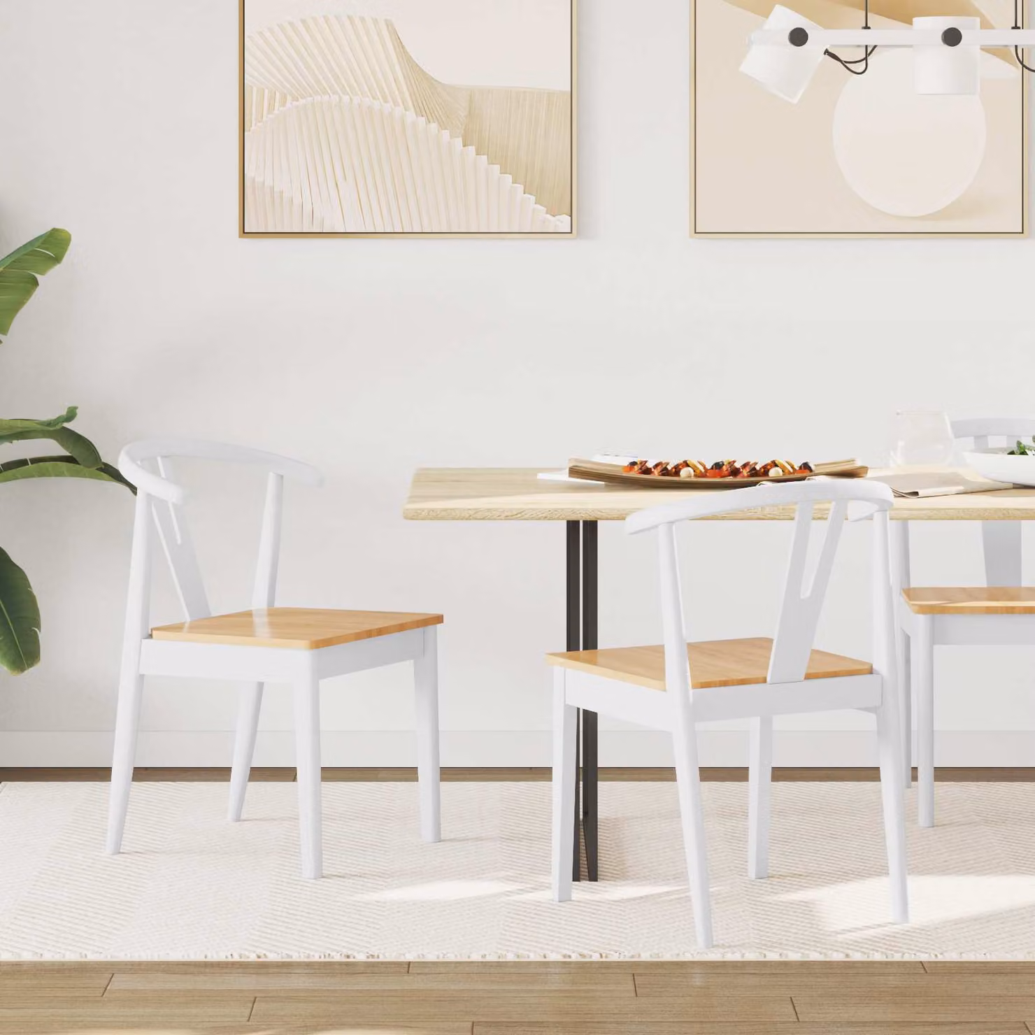 Set di 2 sedie da pranzo vidaXL in legno di gomma bianco e naturale con seduta in tessuto