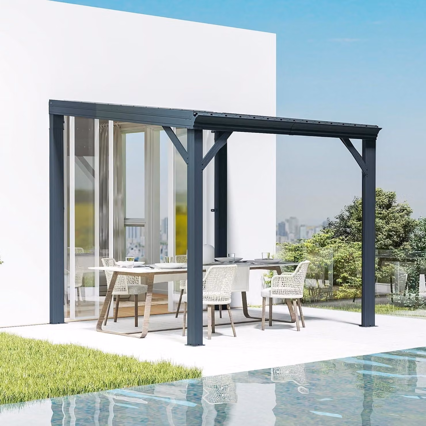 Gazebo da parete, dimensioni 3 x 3 metri, con copertura rigida, sistema di drenaggio e tetto in acciaio zincato, colore grigio
