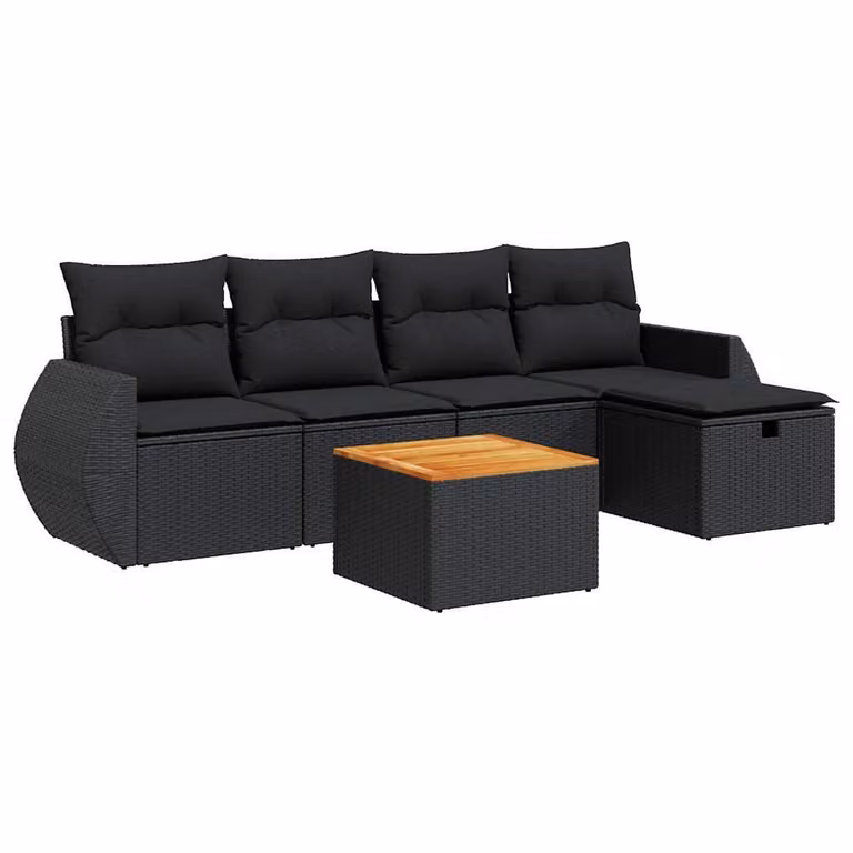 Set Divano da Giardino 6 pz con Cuscini Nero in Polyrattan