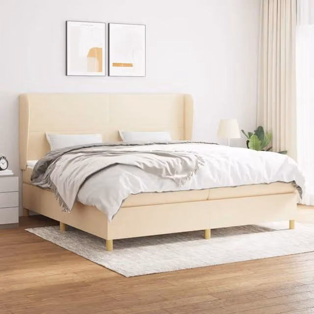 Letto Ibrido vidaXL con Giroletto a Molle e Materasso in Tessuto Beige e Bianco L/P: 200 x 200 cm