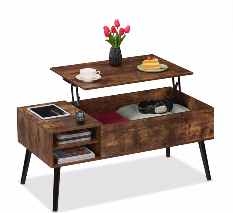 Tavolino da salotto ribaltabile Relaxdays, LxPxA: 46x100x50 cm, 2 vani laterali, tavolino da salotto con spazio contenitivo, stile industriale, marrone