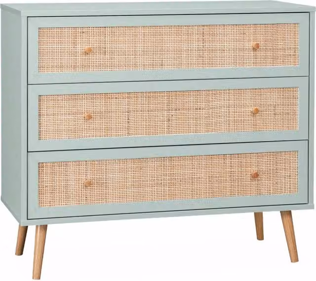 Cassettiera Sweeek in stile scandinavo con 3 cassetti in rattan e MDF, colore verde