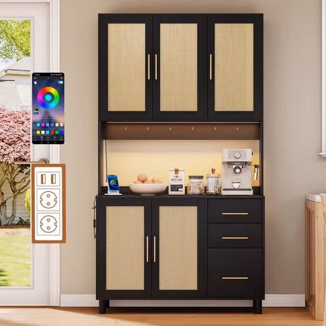 Credenza da Cucina con Cassetti e Ripiani ¨C MINIMAL ¨C Bianco, Maniglie Dorate, LED, USB
