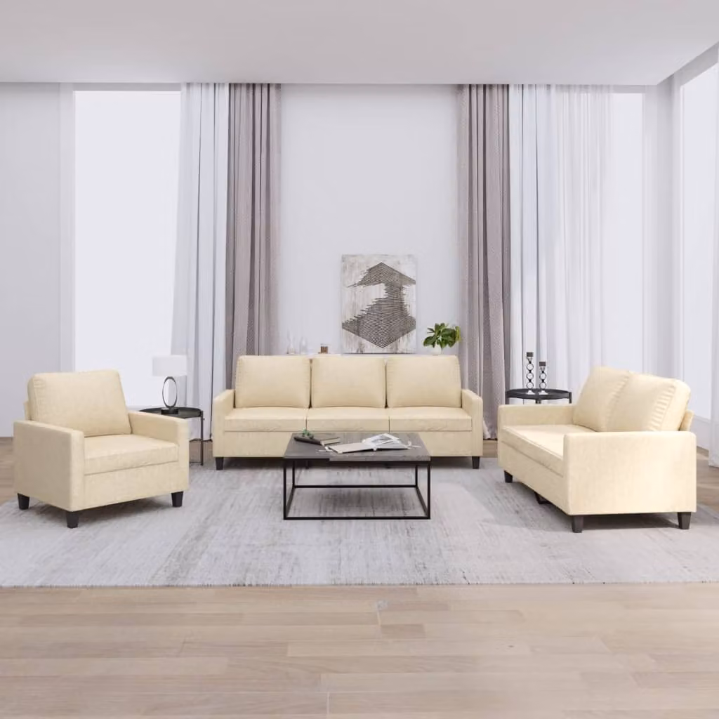 Set di divani 3 pezzi vidaXL in tessuto beige con cuscini per soggiorno – 1