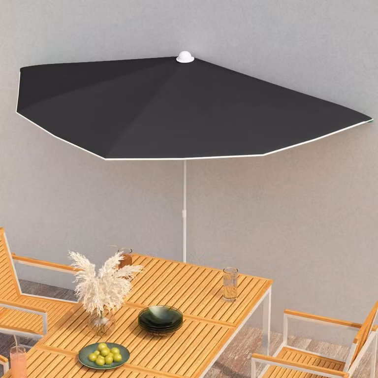 Ombrellone parasole a mezzaluna con palo, dimensioni 180x90 cm, colore nero, 5 stecche in acciaio, protezione solare