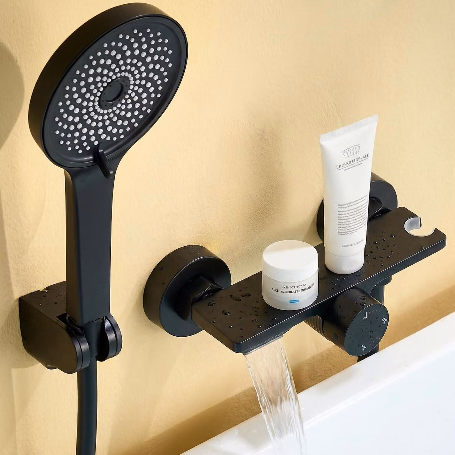 Miscelatore per vasca da bagno con doccetta, erogatore a cascata, in ottone, colore nero