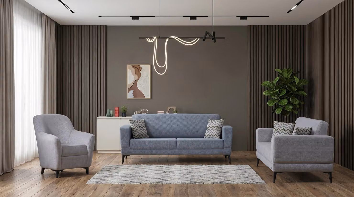 Divano grigio, set composto da divano a 3, 2 e 1 posto, divani in tessuto, design moderno, ideale per soggiorni eleganti e lussuosi