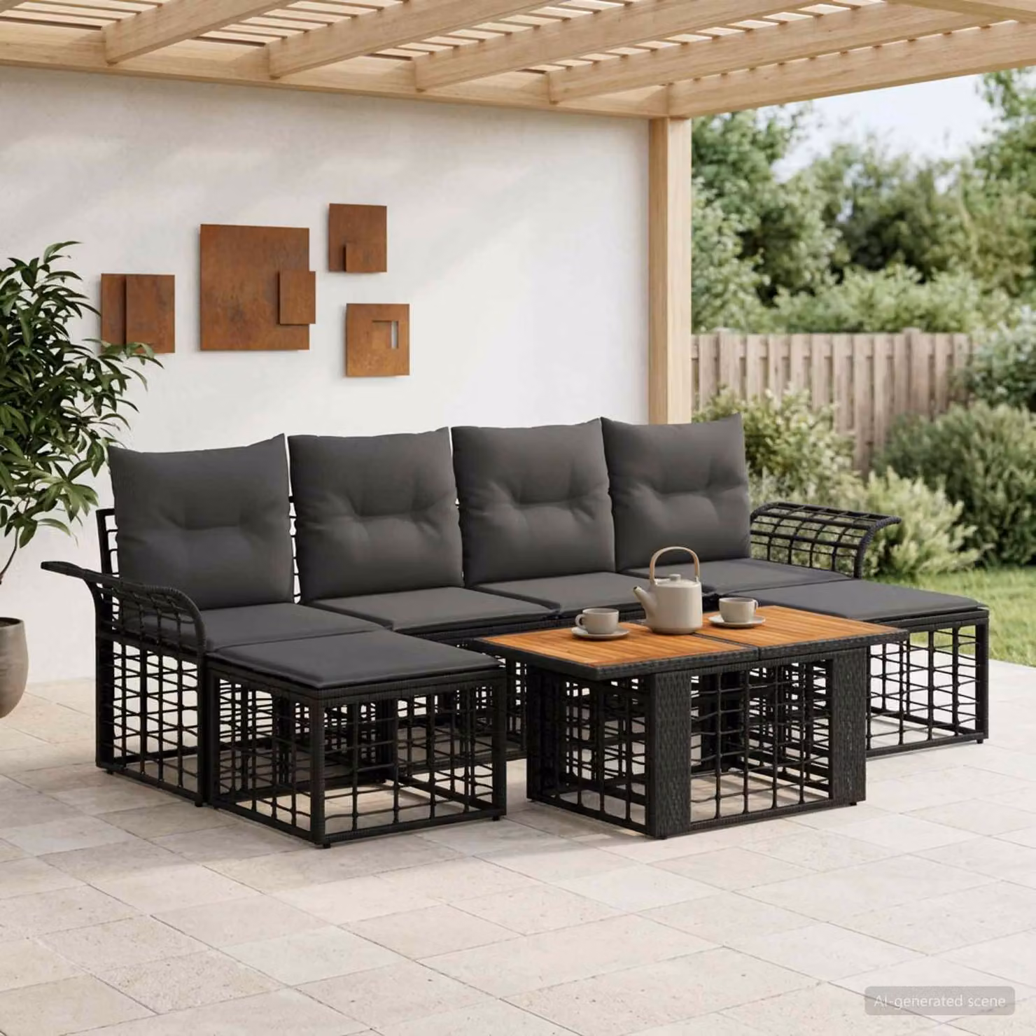 Set Divano da Giardino vidaXL 7 Pezzi in Polyrattan con Tavolino e Cuscini, Colore Nero e Grigio