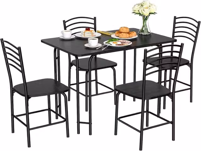 Set da Pranzo Moderno Costway con 1 Tavolo Rettangolare e 4 Sedie in Metallo e MDF, Nero Opaco
