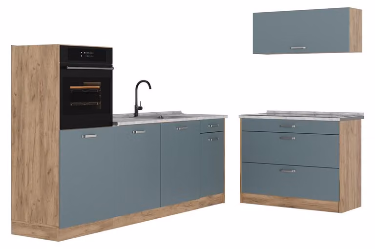 Cucina componibile Vicco R-Line Grigio-blu/Rovere dorato 220 cm piano di lavoro Marmo, Model 67435