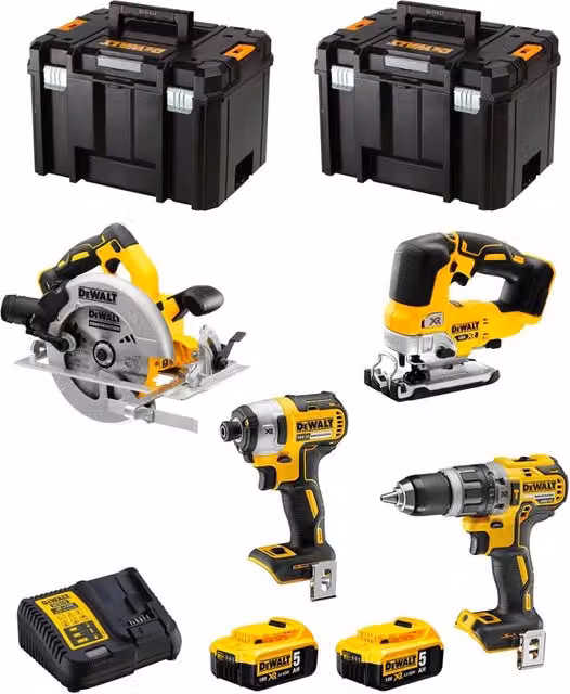 Kit DeWALT DWK403 Giallo con Avvitatore DCD796, Trapano DCF887, Seghetto DCS334, Troncatrice DCS570, 2 Batterie da 5,0 Ah e Caricatore DCB115 con 2 Contenitori TSTAK VI