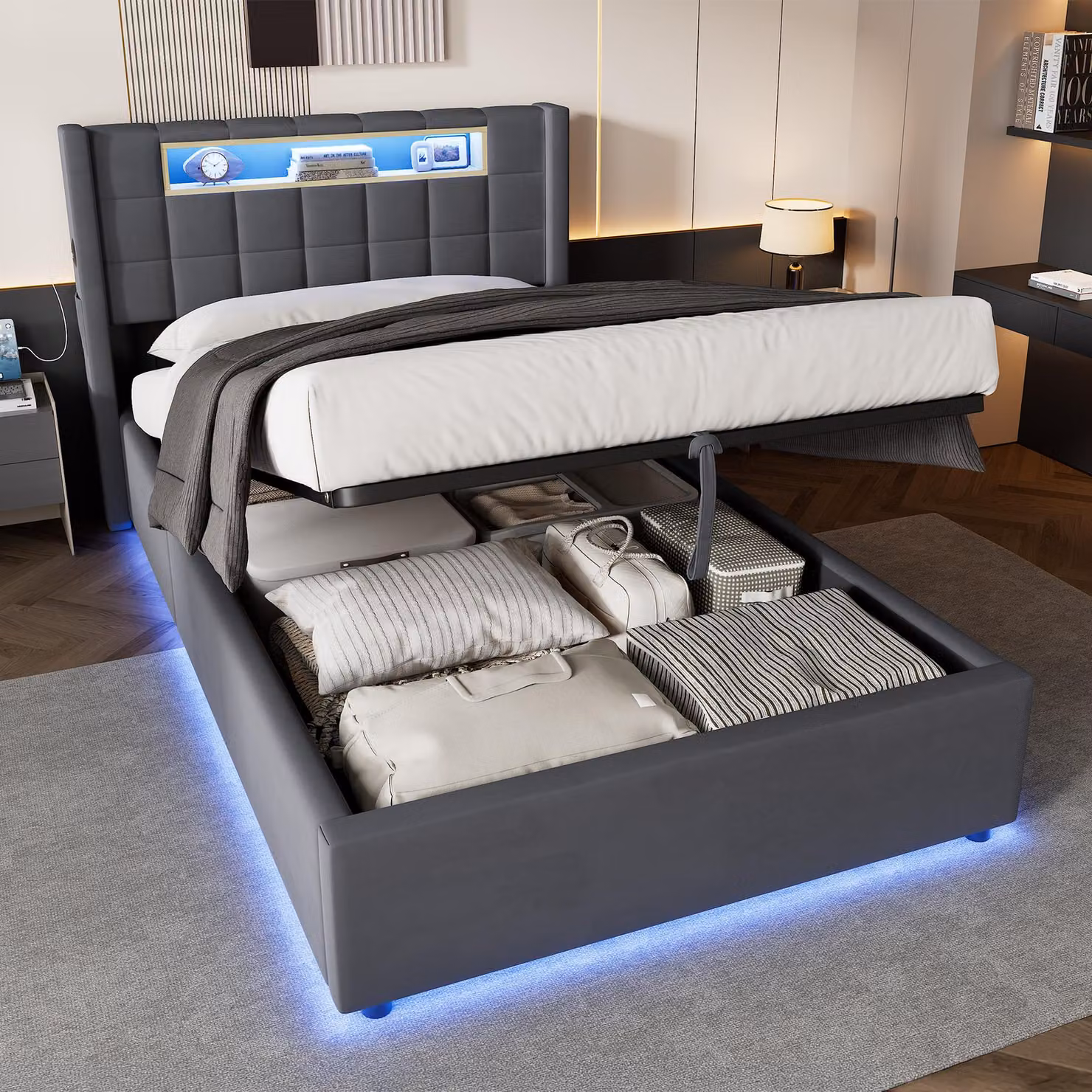 Letto imbottito MODFU 90x200, rivestito in velluto, con contenitore a sollevamento idraulico, illuminazione LED e ripiano imbottito nella testiera. Letto per ragazzi dal design moderno, senza materasso, colore grigio