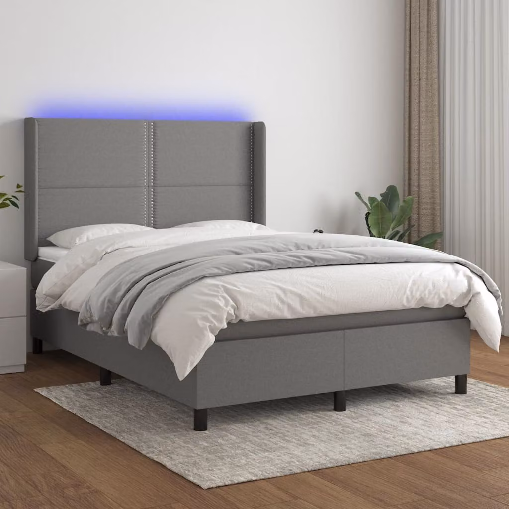 The Living Store Letto a molle con materasso e LED in tessuto grigio scuro 140x200 cm