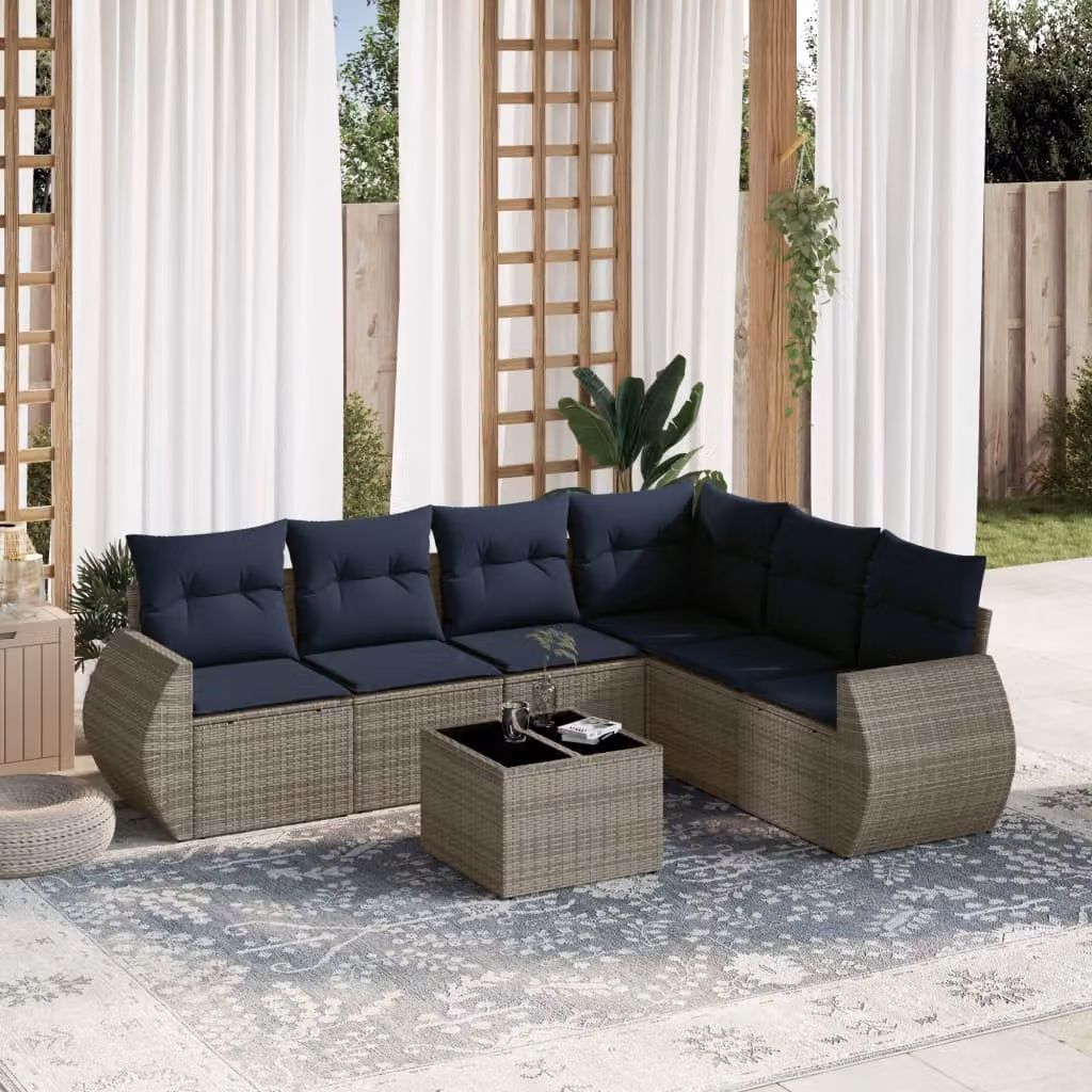 Set Divani da Giardino vidaXL 7 pz in Polyrattan Grigio con Cuscini e Tavolino da Esterno