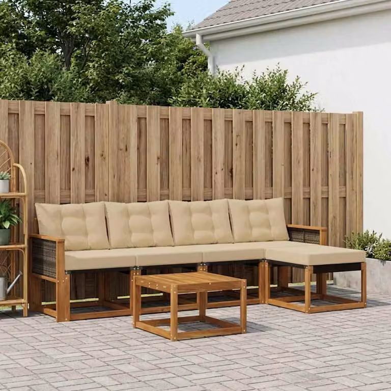 Set di divani da esterno vidaXL a forma di L in legno di acacia con tavolino e pouf, Beige e Marrone